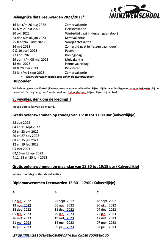 Agenda MijnZwemschool Leeuwarden